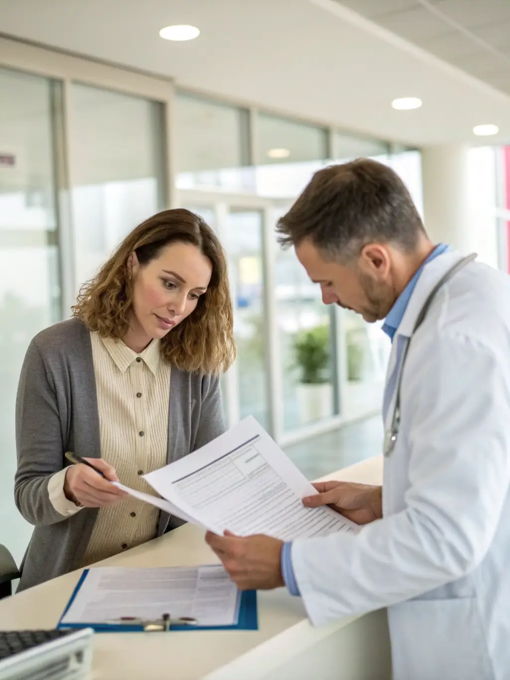 An HR professional assisting a healthcare administrator with compliance documents, showcasing HealthStaffPro's HR support services.
