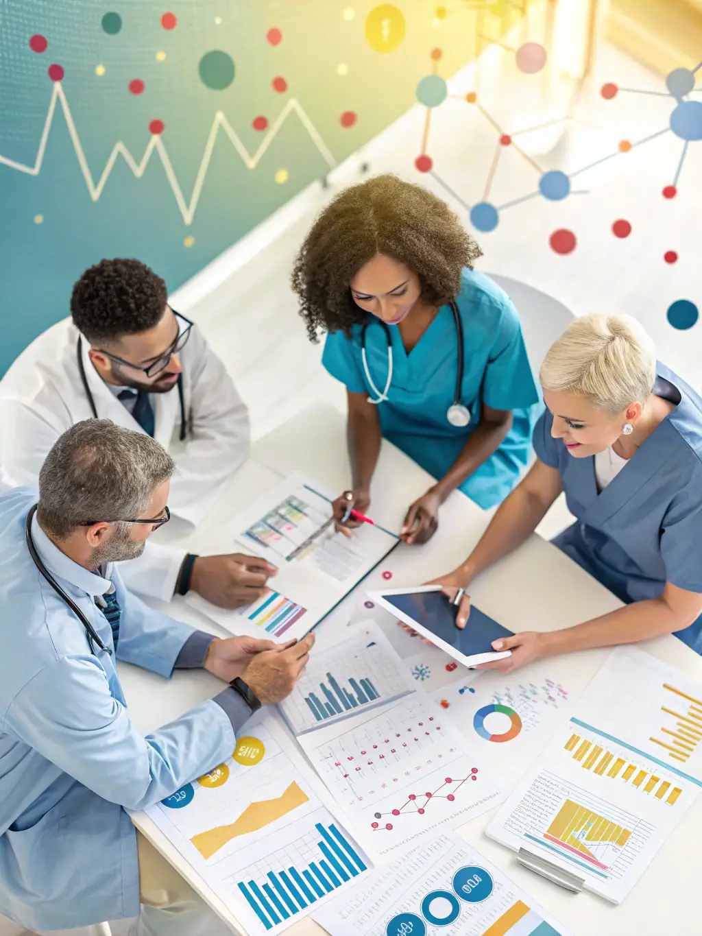 A diverse team of healthcare professionals, including nurses and technicians, collaborating in a modern hospital setting, symbolizing HealthStaffPro's staffing solutions.