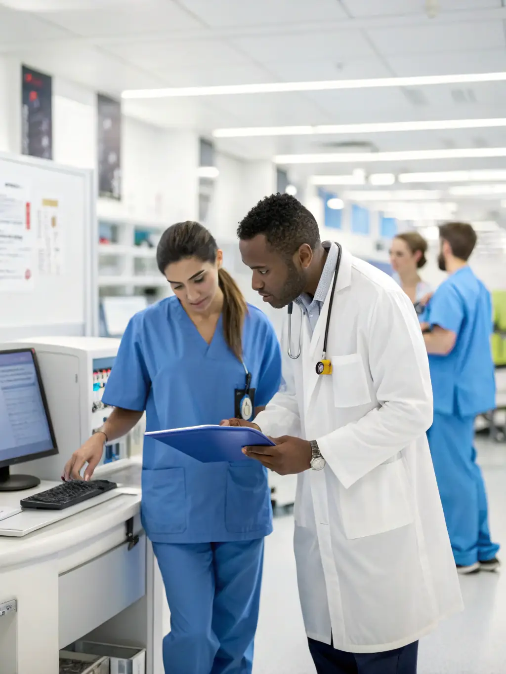 A diverse team of healthcare professionals (nurses, doctors, technicians) collaborating in a hospital setting, highlighting the breadth of staffing services.